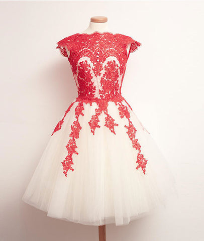 White Tulle Short Red Lace Prom Dresses, Short Red Lace Homecoming Dresses