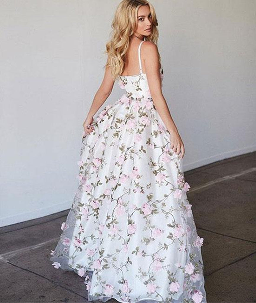 White V Neck 3D Flower Applique Long Prom Dress, V Neck White Formal D –  abcprom