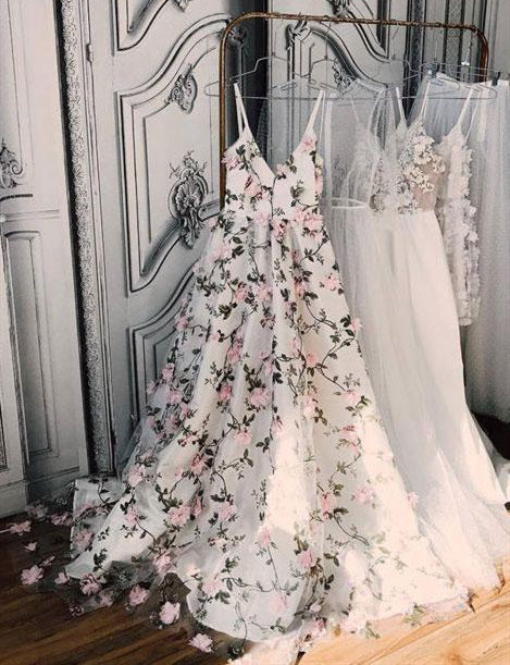 White V Neck 3D Flower Applique Long Prom Dress, V Neck White Formal D abcprom White V Neck 3D Flower Applique Long Prom Dress, V Neck White Formal D abcprom