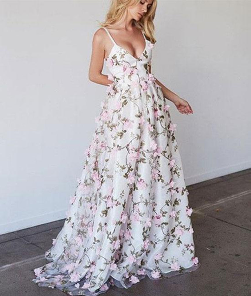 White V Neck 3D Flower Applique Long Prom Dress, V Neck White Formal D abcprom White V Neck 3D Flower Applique Long Prom Dress, V Neck White Formal D abcprom