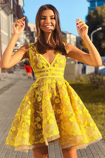 Yellow A Line V Neck Lace Homecoming Dresses Short Prom Dresses, Yellow Lace Graduation Dresses, Lace Formal Dresses, Yellow Evening Dresses