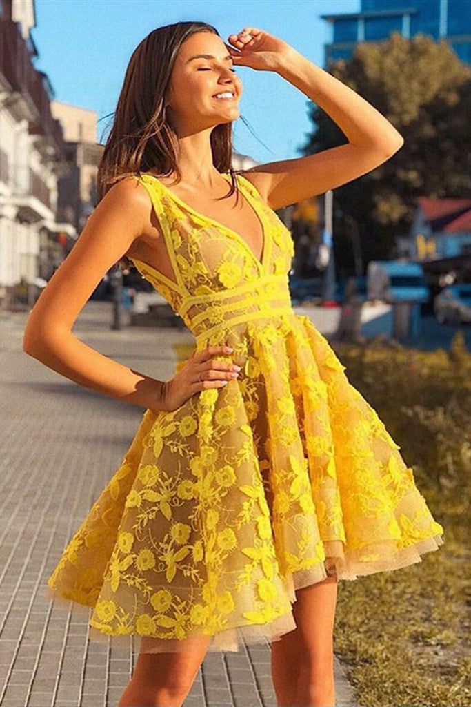 Yellow A Line V Neck Lace Homecoming Dresses Short Prom Dresses, Yello abcprom Yellow A Line V Neck Lace Homecoming Dresses Short Prom Dresses, Yello abcprom
