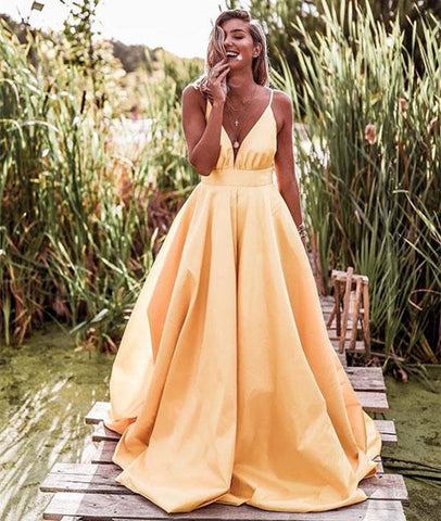 Yellow A Line V Neck Satin Long Prom Dress, Yellow V Neck Graduation Dress, Yellow Evening Dress