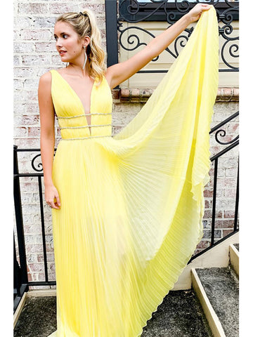 Yellow A Line V Neck and V Back Ruched Long Prom Dresses, Charming Yellow Formal Dresses, Evening Dresses
