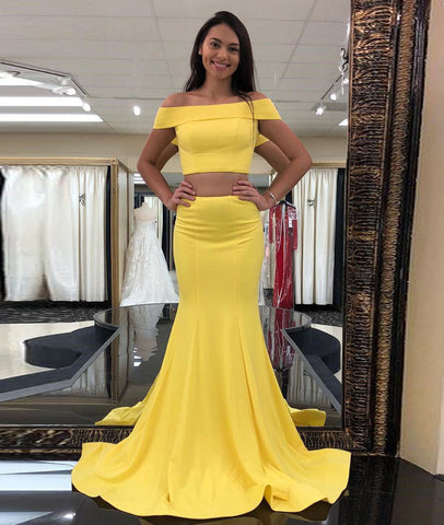 Yellow Off Shoulder Two Pieces Mermaid Long Prom Dresses, Yellow Mermaid Evening Dresses Formal Dresses, Yellow Graduation Dresses