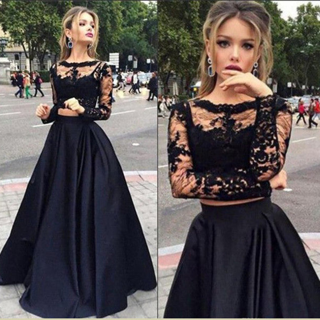 Modern Scoop Long Sleeves Lace Black Two-pieces Prom Dresses, Formal D abcprom Modern Scoop Long Sleeves Lace Black Two-pieces Prom Dresses, Formal D abcprom